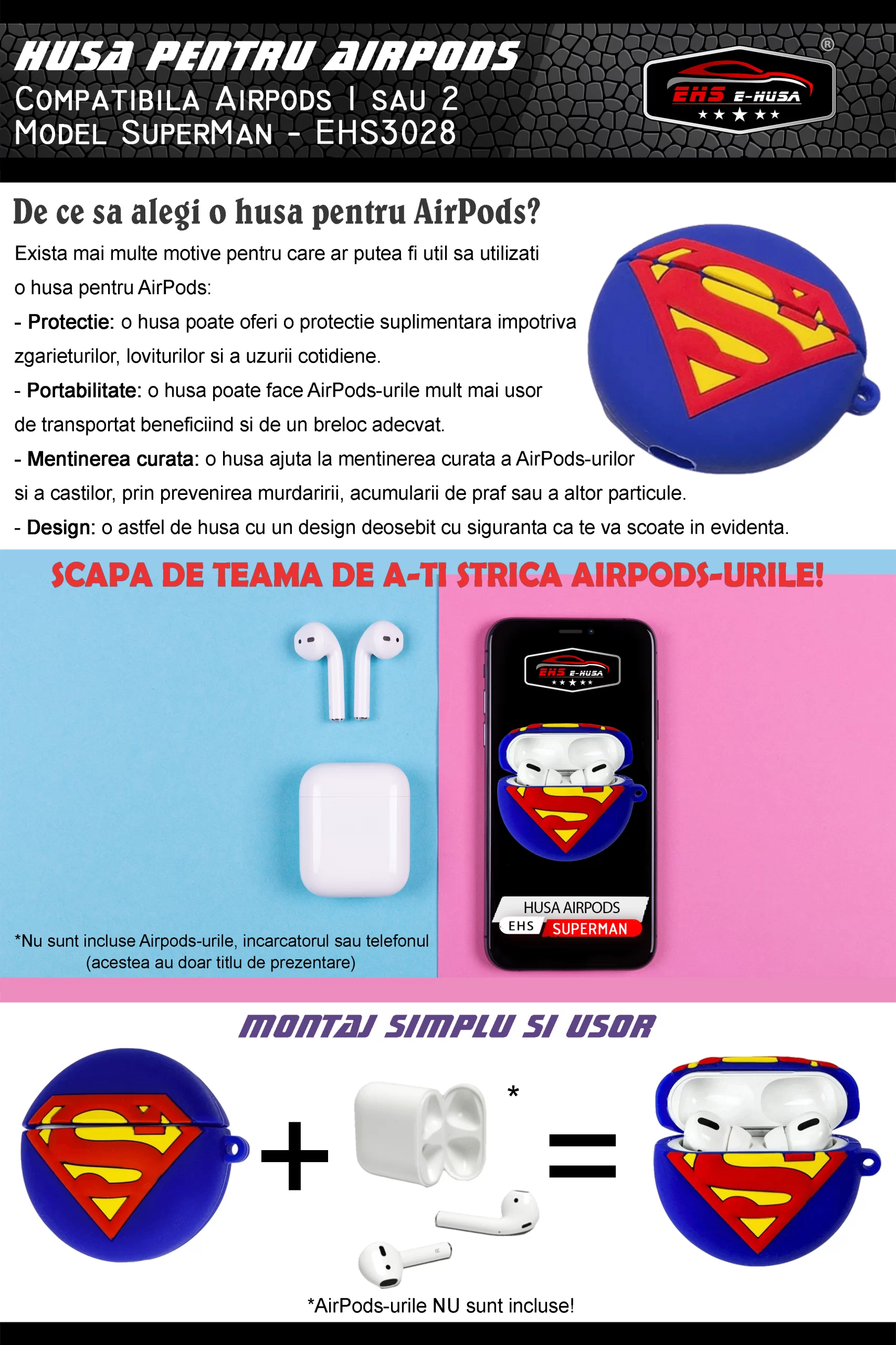 Husa Airpods 1 2 din silicon Superman webp5