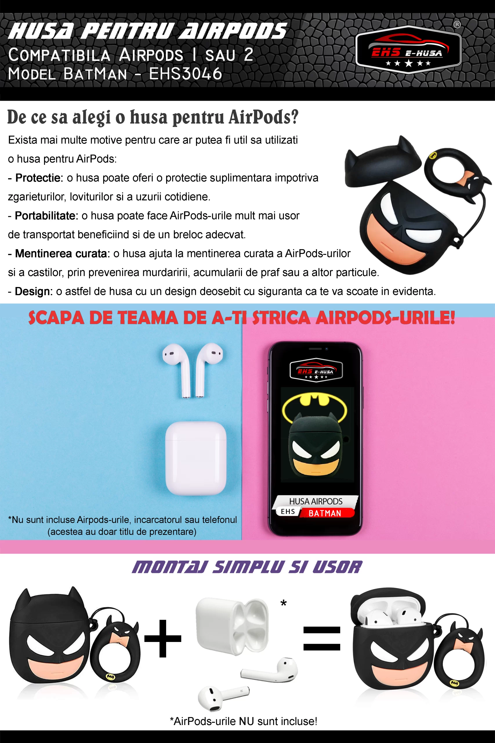 Husa Airpods 1 2 din silicon Batman webp7