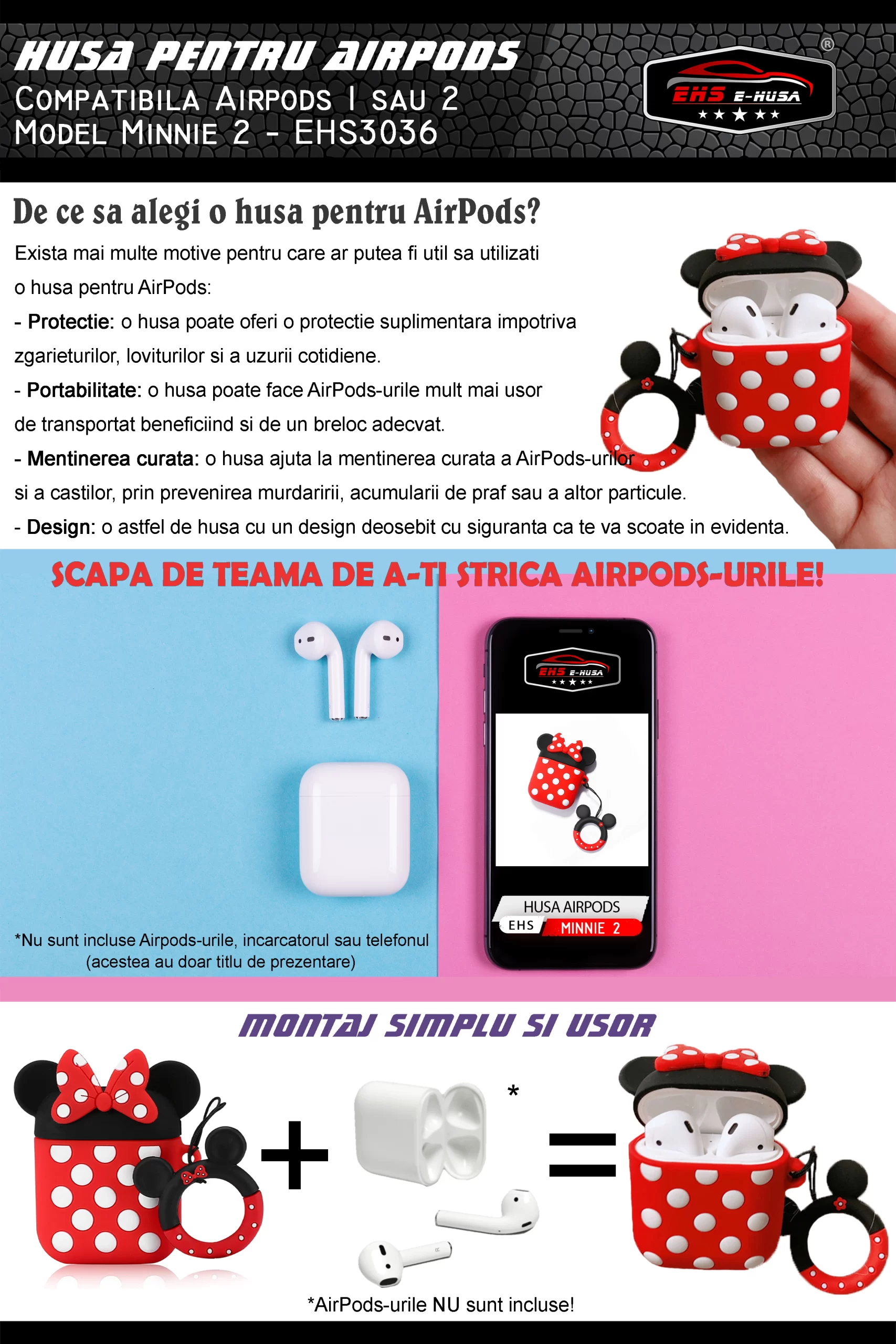 Husa Airpods 1 2 din silicon Minnie 2 webp8