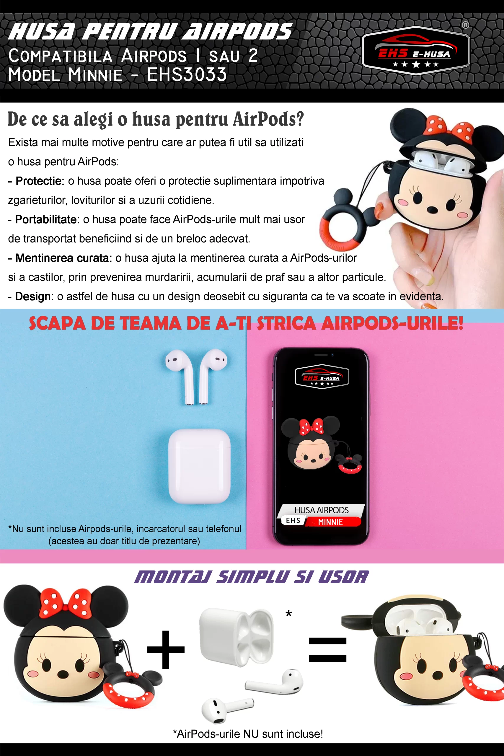 Husa Airpods 1 2 din silicon Minnie webp6