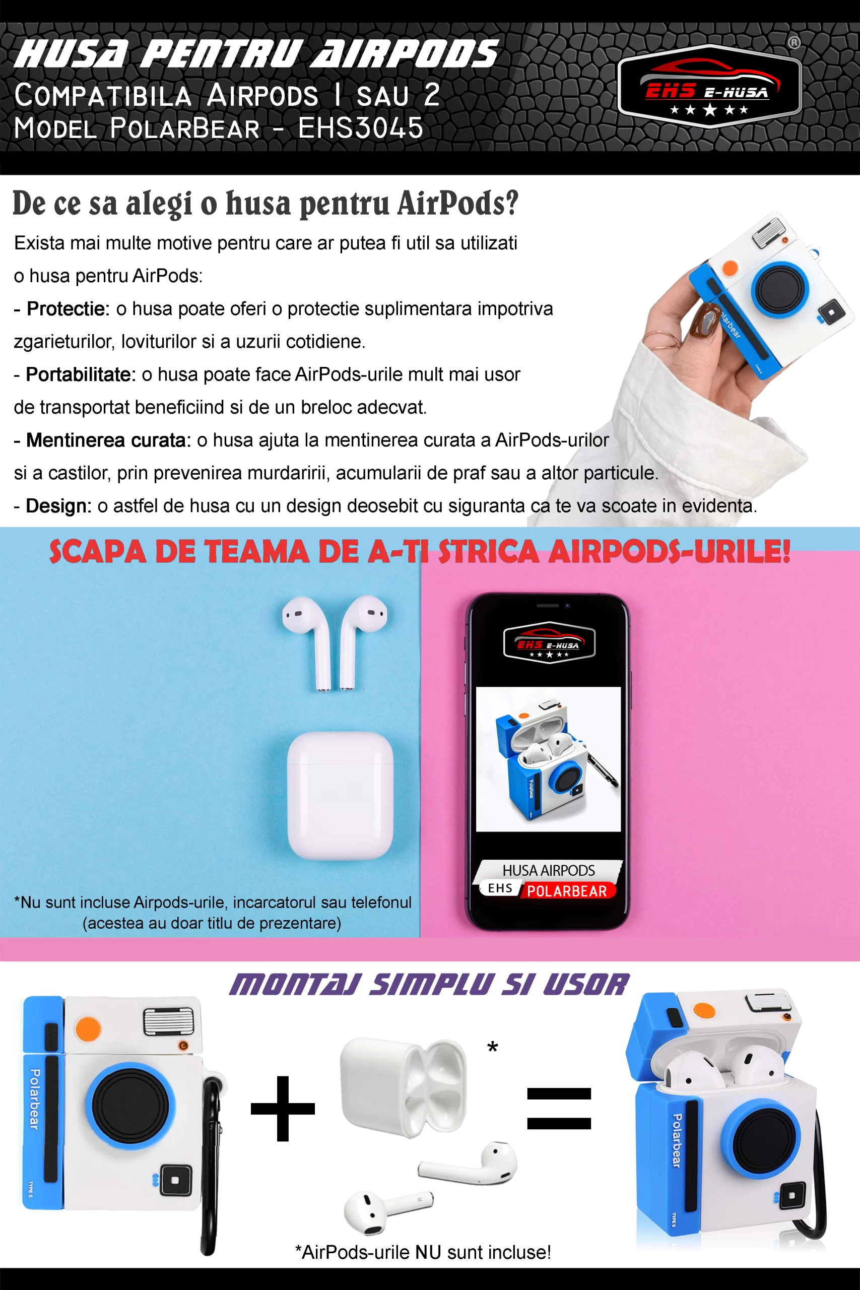 Husa Airpods 1 2 din silicon Polarbear albastru webp5