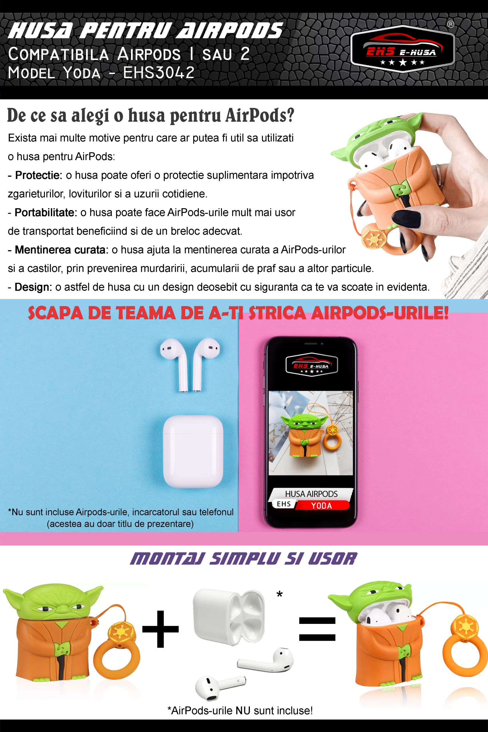 Husa Airpods 1 2 din silicon Yoda webp6